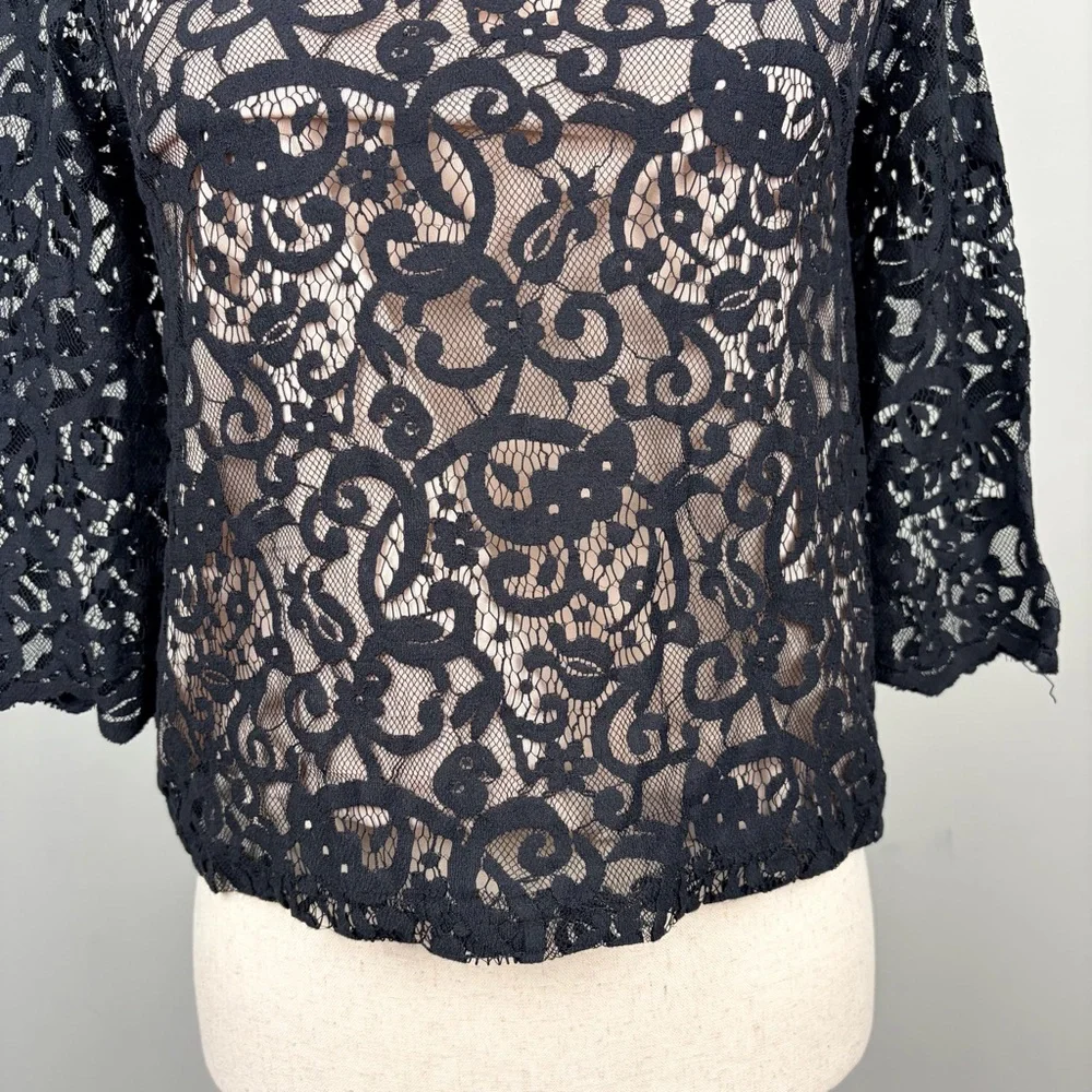 H&M Black Lace Sheer‎ Blouse 3/4 Sleeve Button Back XS